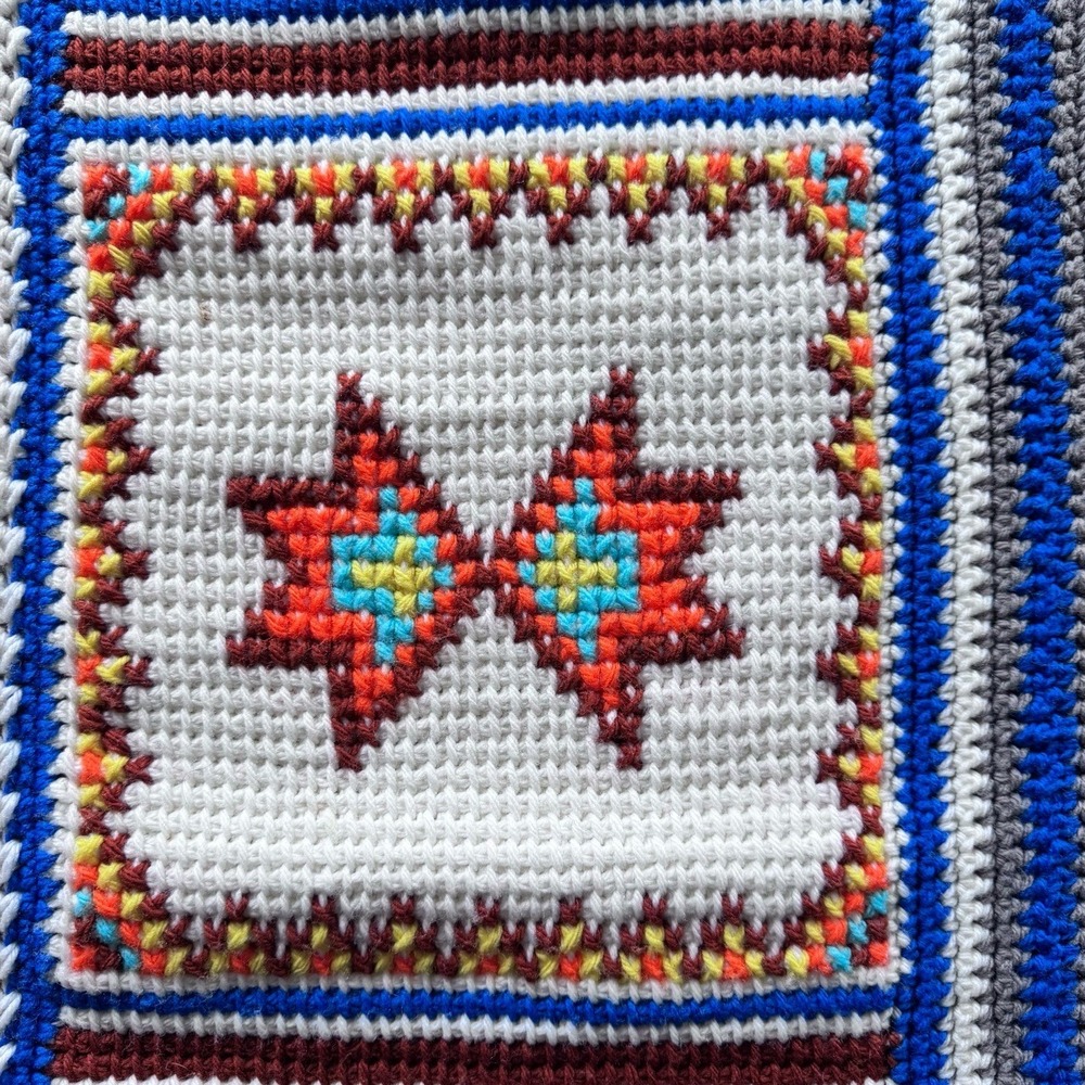 Vintage‎ Southwestern Crochet Afghan Throw 54x59 – Handmade Thunderbird Folk Art - Picture 7 of 9